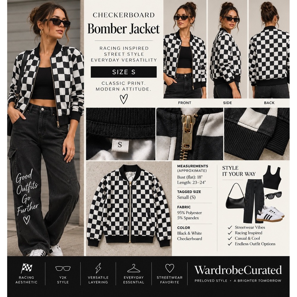 Womens S Black White Checkered Bomber Jacket Racing Moto Y2K Streetwear